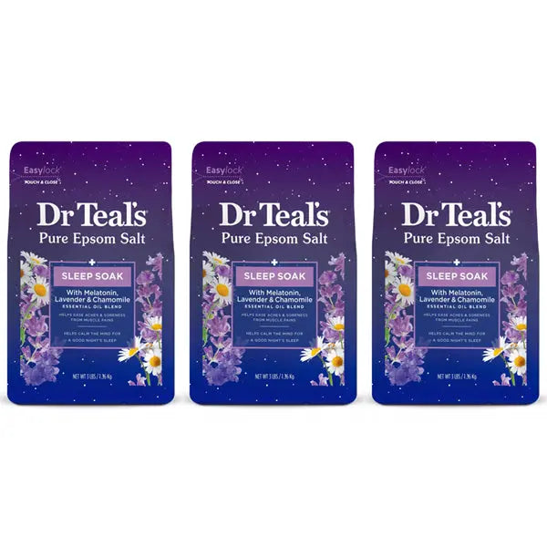 Three packs of Dr. Teals Epsom Salt Magnesium Sleep Soak (3lbs each) are displayed against a white background.